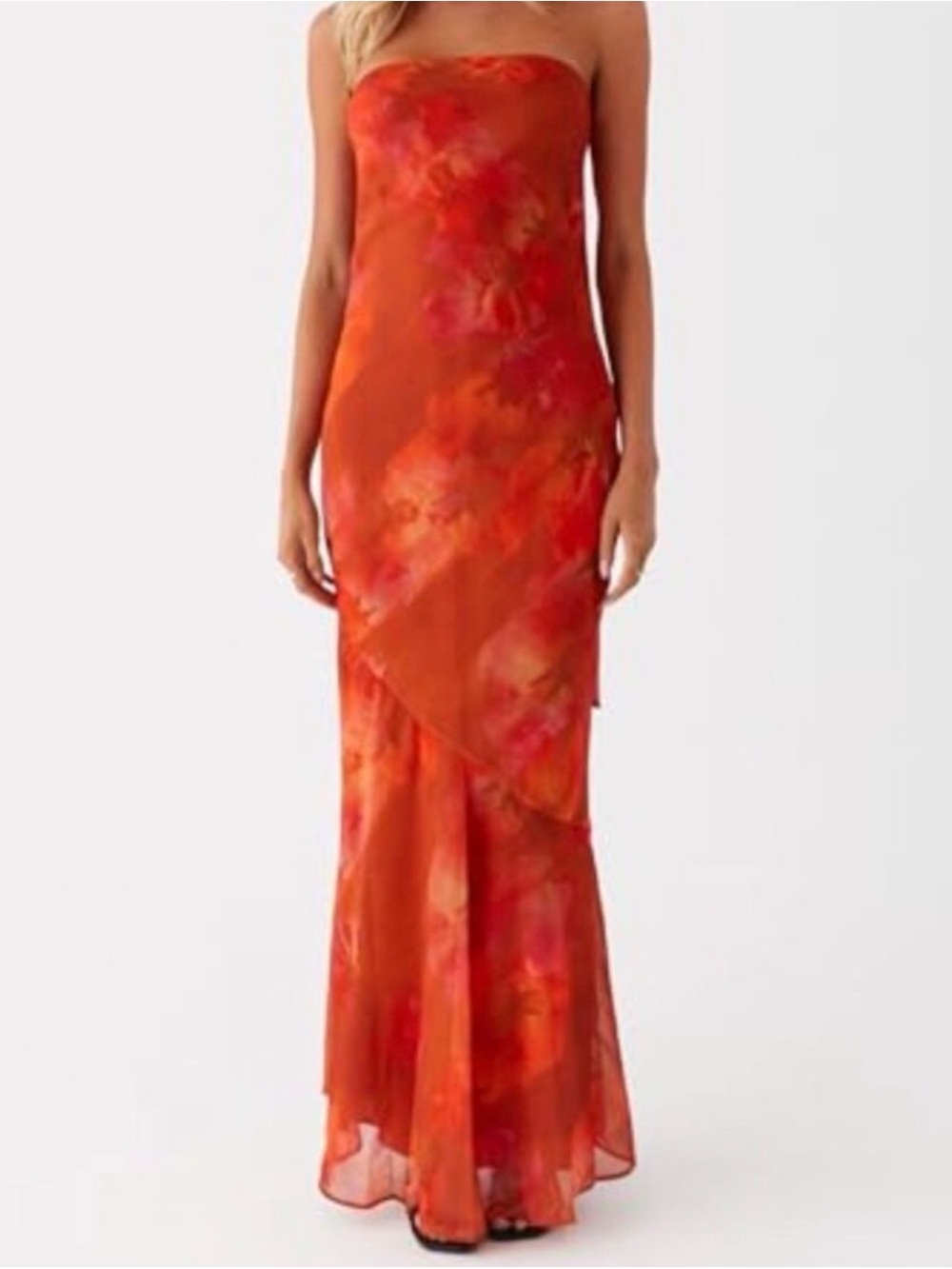 Peppermayo Strapless Orange & Red Watercolor Maxi Dress